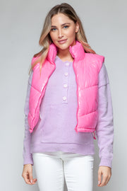 Snobbish Zip Up Turtleneck Shiny Quilted Vest - Fashionmj