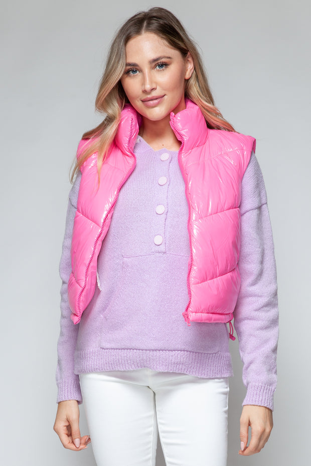 Snobbish Zip Up Turtleneck Shiny Quilted Vest - Fashionmj