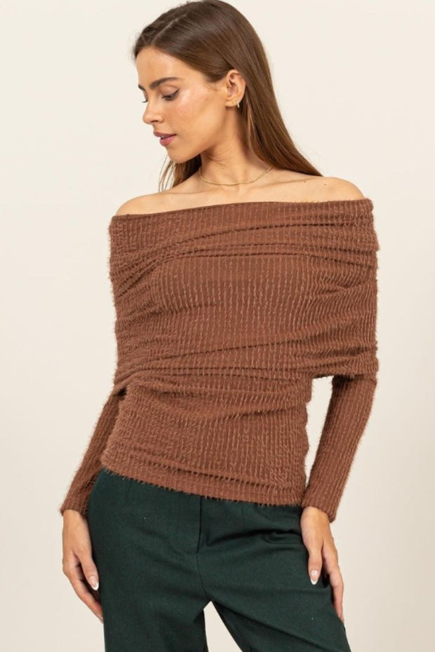 HYFVE Fuzzy Off Shoulder Textured Knit Top - Fashionmj