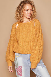 POL Cable Knit Cutout Long Sleeve Sweater - Fashionmj