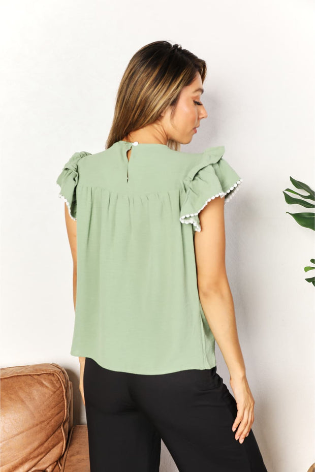 Perfee Pleated Detail Flutter Sleeve Blouse - Fashionmj