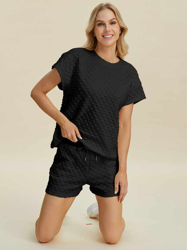 Double Take Full Size Texture T-Shirt and Shorts Set - Fashionmj