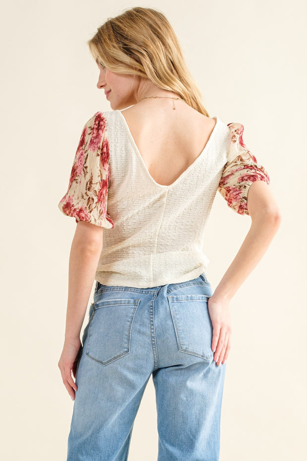 And The Why Full Size Floral Print Textured Sleeve Knit Top - Fashionmj