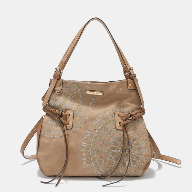 Nicole Lee USA Side Braided Tassel Inlaid Rhinestone Embroidery Hobo Bag - Fashionmj