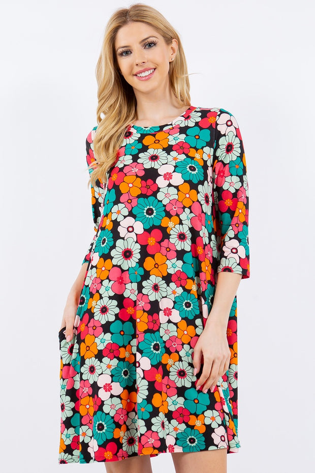 Celeste Full Size Floral Three-Quarter Sleeve Dress with Pockets - Fashionmj