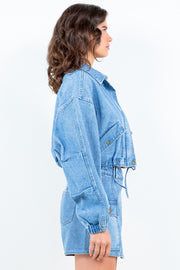 American Bazi Drawstring Waist Crop Denim Jacket - Fashionmj