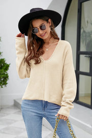 V-Neck Drop Shoulder Long Sleeve Knit Top - Fashionmj