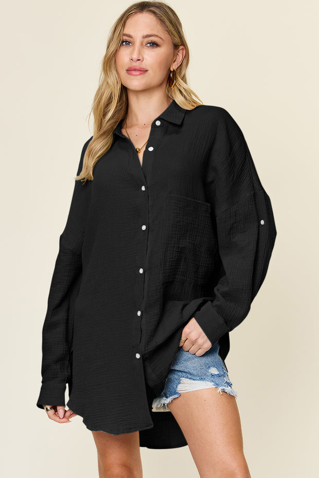 Double Take Full Size Pocketed Texture Button Up Shirt - Fashionmj