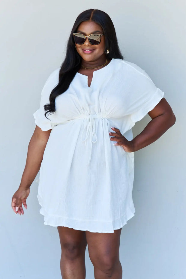 Ninexis Out Of Time Full Size Ruffle Hem Dress with Drawstring Waistband in White - Fashionmj