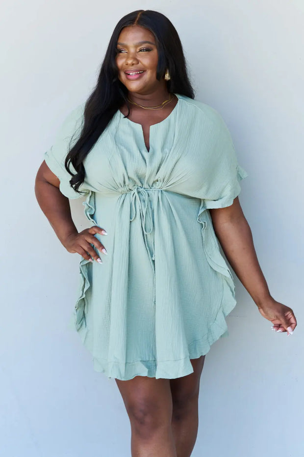 Ninexis Out Of Time Full Size Ruffle Hem Dress with Drawstring Waistband in Light Sage - Fashionmj