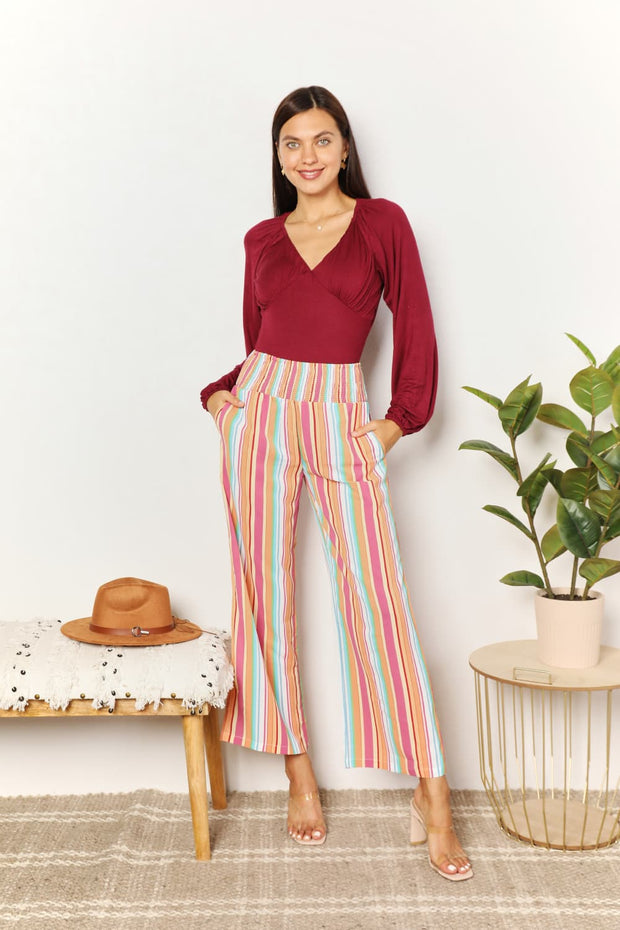 Double Take Striped Smocked Waist Pants with Pockets - Fashionmj