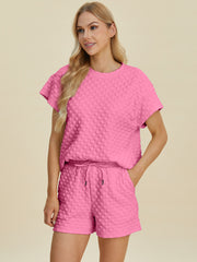 Double Take Full Size Texture T-Shirt and Shorts Set - Fashionmj