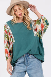 SAGE + FIG Full Size Printed Balloon Sleeve Contrast Top - Fashionmj