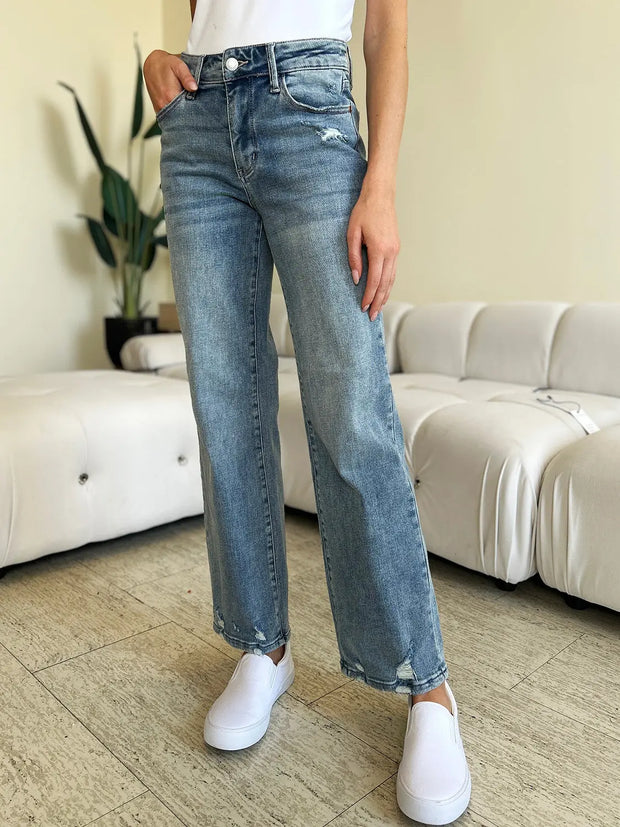 Judy Blue Full Size High Waist Distressed Straight Jeans - Fashionmj