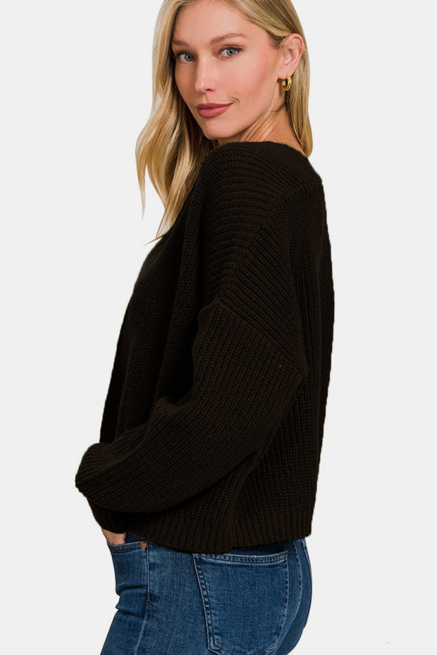 Zenana Open Front Drop Shoulder Sweater Cardigan - Fashionmj