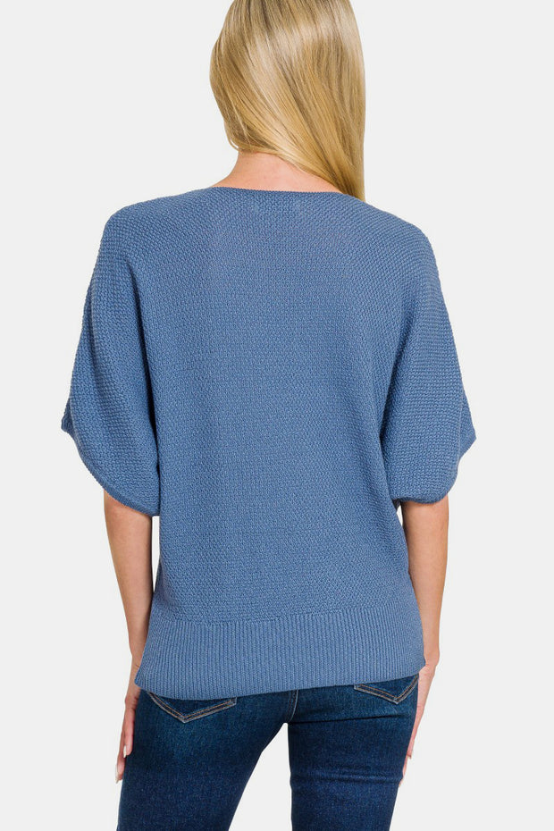 Zenana V-Neck Short Sleeve Dolman Sweater - Fashionmj