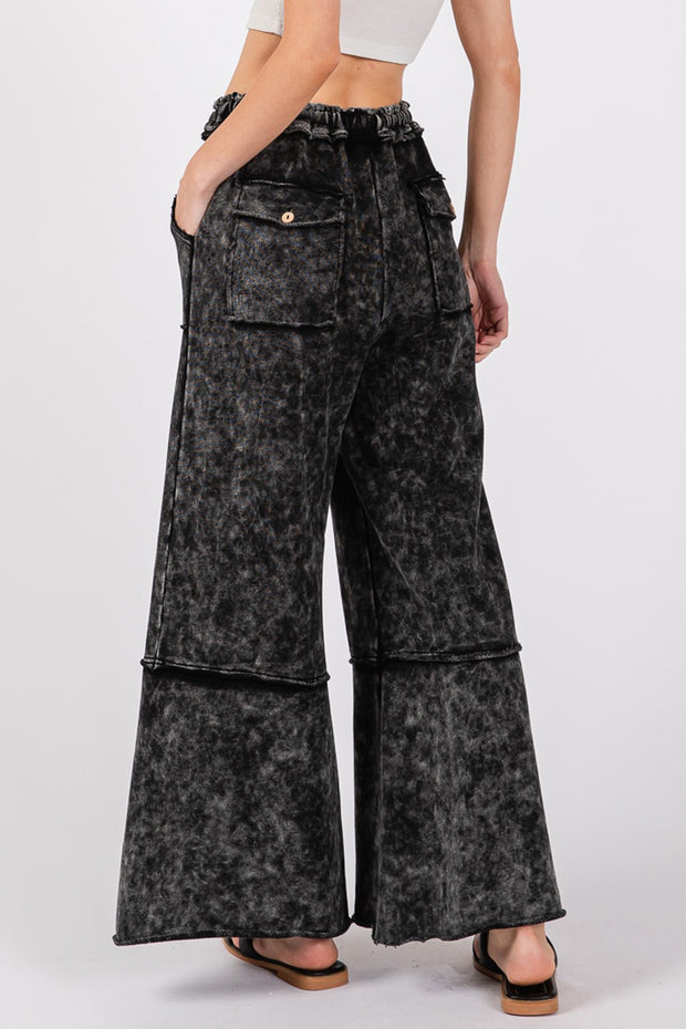 SAGE + FIG Mineral Washed Terry Wide Leg Pants - Fashionmj