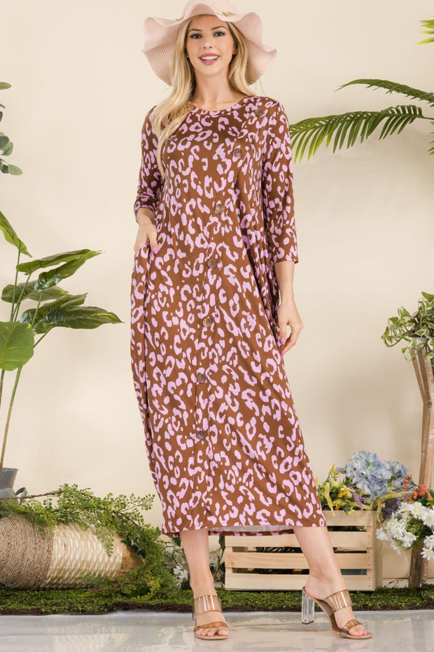 Celeste Full Size Leopard Contrast Dress with Pockets - Fashionmj