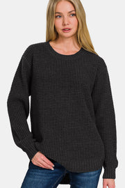 Zenana High Low Long Sleeve Waffle Sweater - Fashionmj