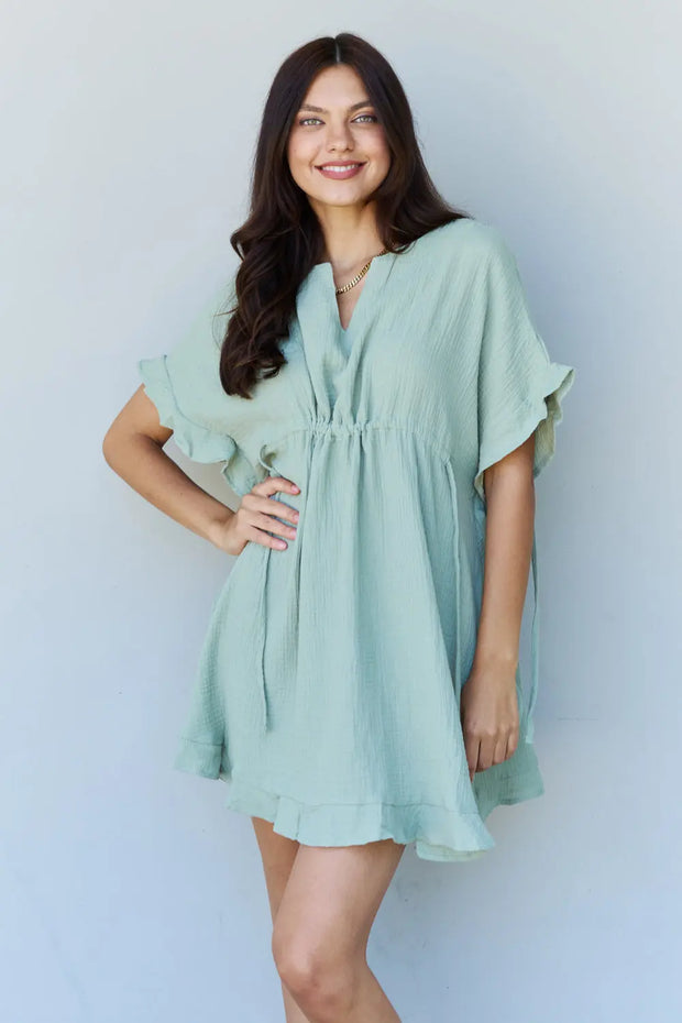 Ninexis Out Of Time Full Size Ruffle Hem Dress with Drawstring Waistband in Light Sage - Fashionmj