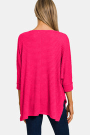 Zenana V-Neck High-Low Jacquard Knit Top - Fashionmj