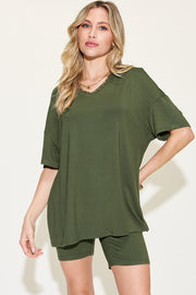 Basic Bae Full Size V-Neck Drop Shoulder T-Shirt and Shorts Set - Fashionmj