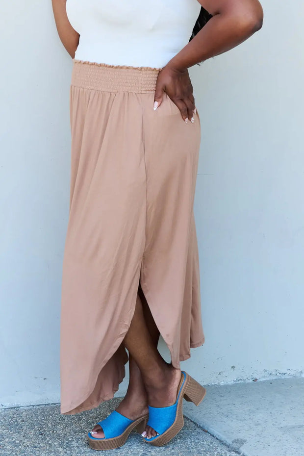 Doublju Comfort Princess Full Size High Waist Scoop Hem Maxi Skirt in Tan - Fashionmj