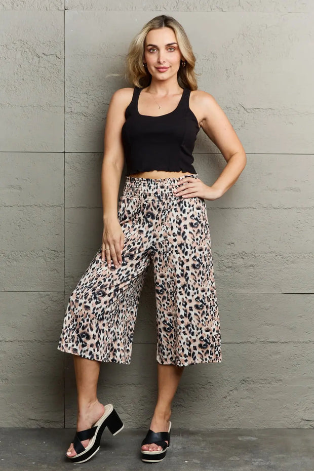 Ninexis Leopard High Waist Flowy Wide Leg Pants with Pockets - Fashionmj