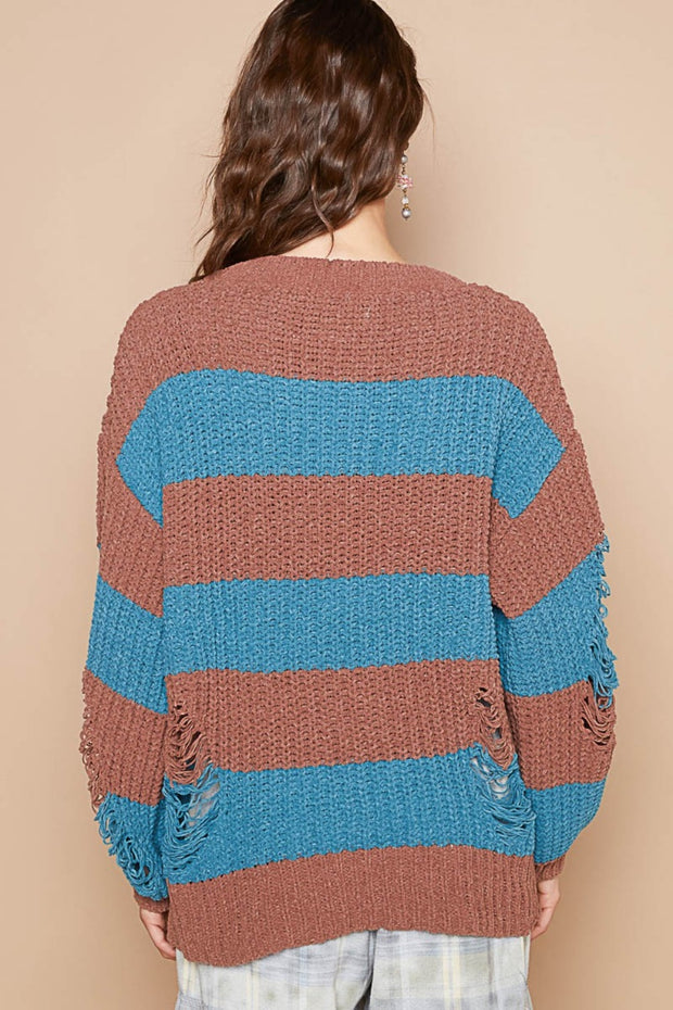 POL Striped Distressed Long Sleeve Sweater - Fashionmj