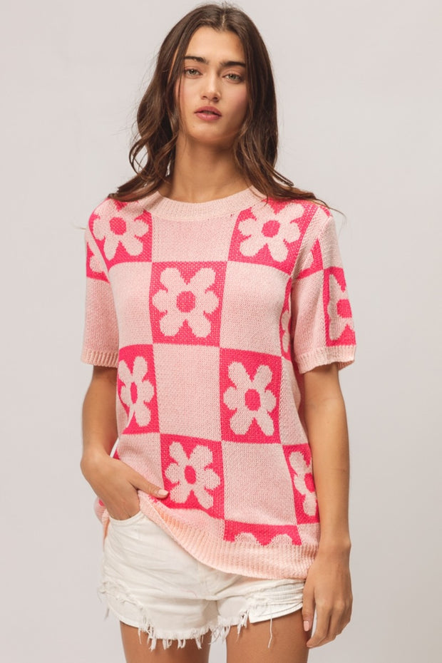 BiBi Flower Checker Pattern Short Sleeve Sweater - Fashionmj