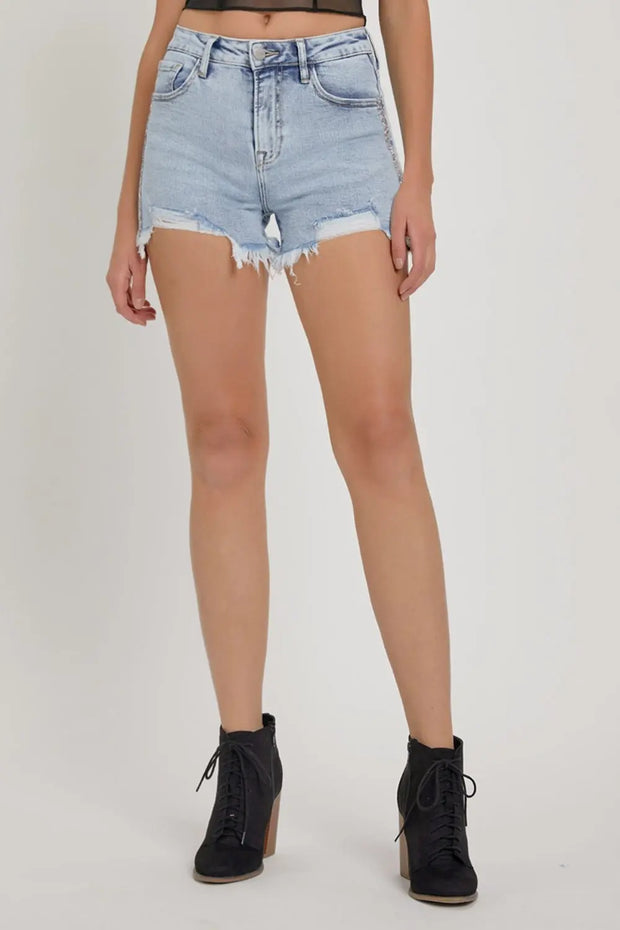 RISEN Full Size High Rise Rhinestone Strap Embellished Denim Shorts - Fashionmj