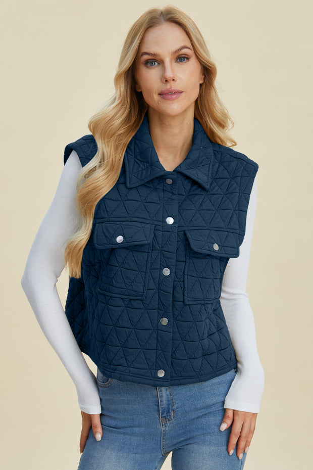 Double Take Full Size Pocketed Texture Snap Down Vest Coat - Fashionmj