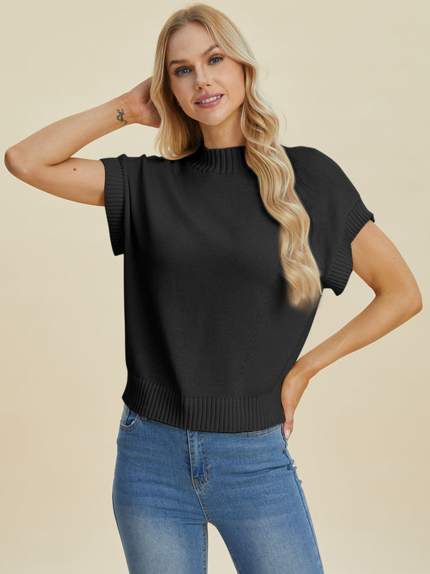 Double Take Full Size Mock Neck Short Sleeve Sweater - Fashionmj