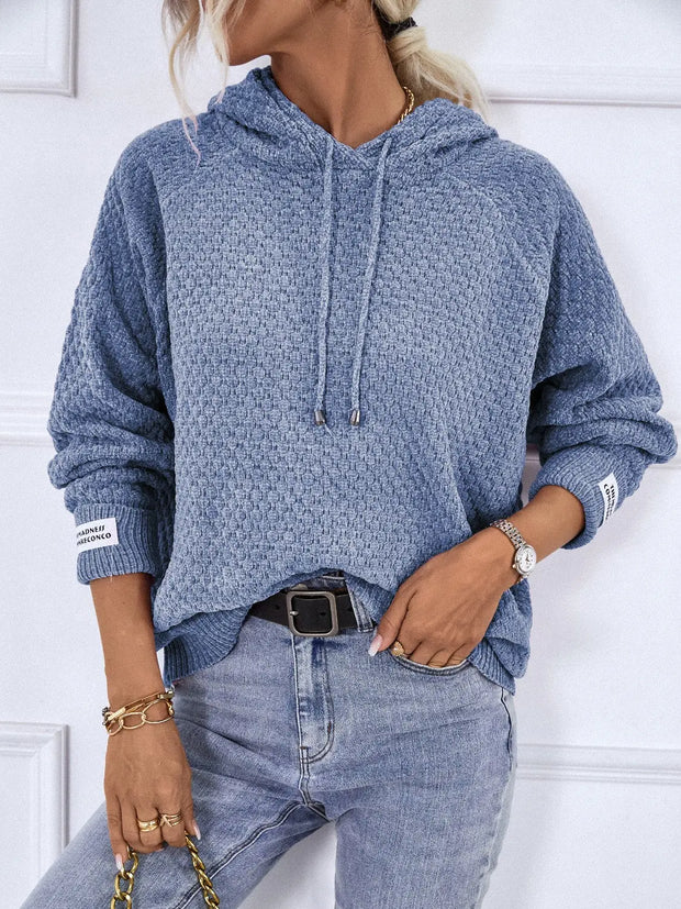 Texture Drawstring Long Sleeve Hooded Sweater - Fashionmj