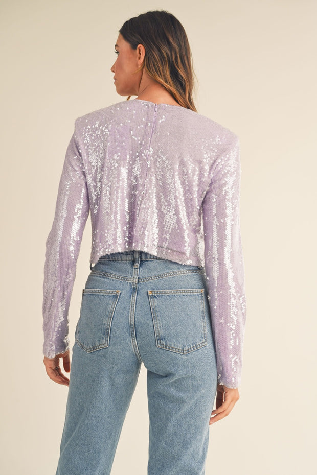 MABLE Shoulder Padded Sequin Crop Top - Fashionmj