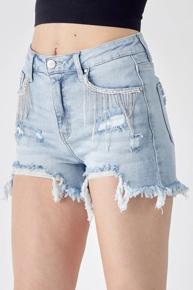 RISEN Frayed Hem Denim Shorts with Fringe Detail Pockets - Fashionmj