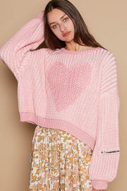 POL Round Neck Heart Patch Zipper Point Sleeve Sweater - Fashionmj