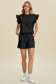 Double Take Full Size Texture Round Neck Ruffle Sleeve Top and Shorts Set - Fashionmj