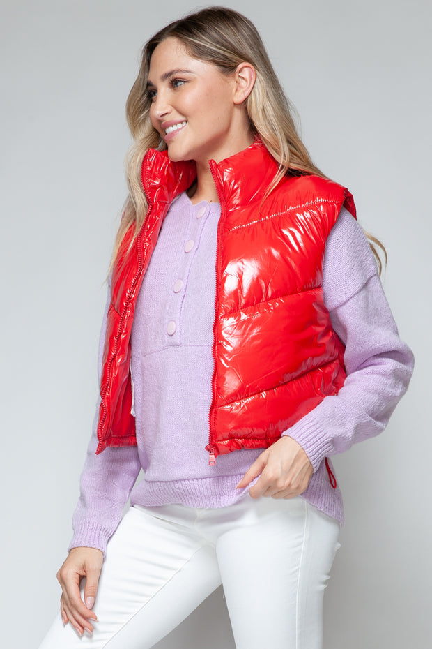 Snobbish Zip Up Turtleneck Shiny Quilted Vest - Fashionmj