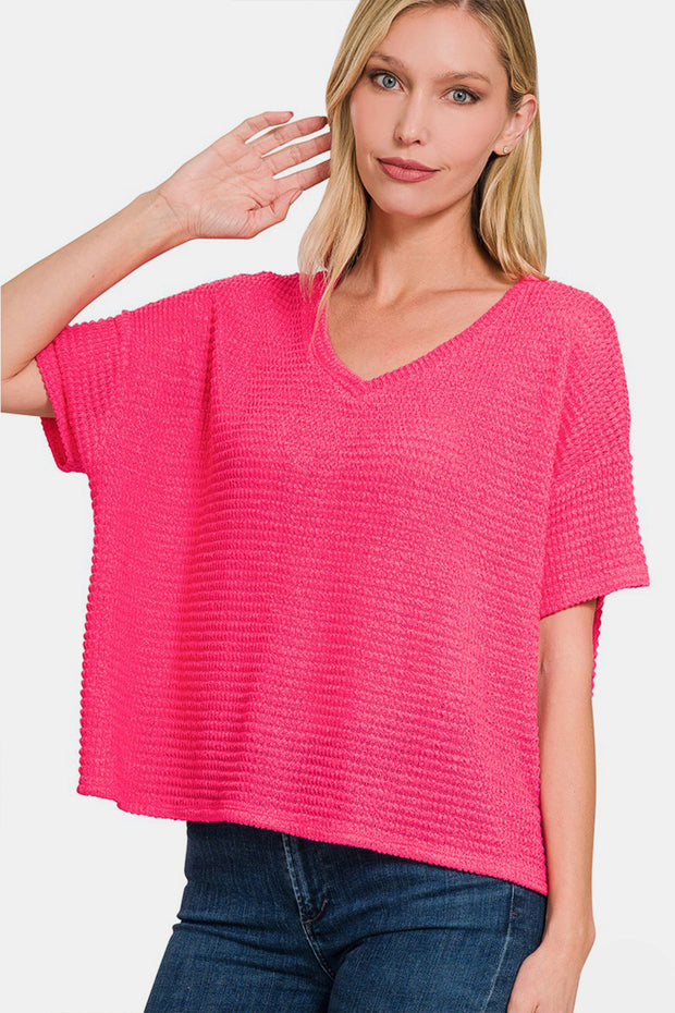 Zenana Drop Shoulder Short Sleeve Jacquard Knit Top - Fashionmj