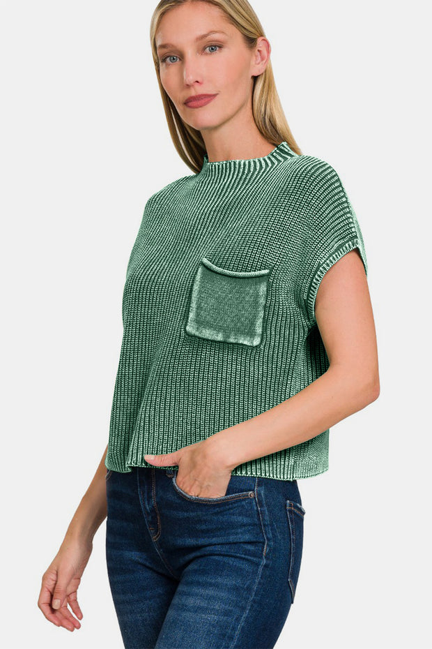 Zenana Washed Mock Neck Short Sleeve Cropped Sweater - Fashionmj