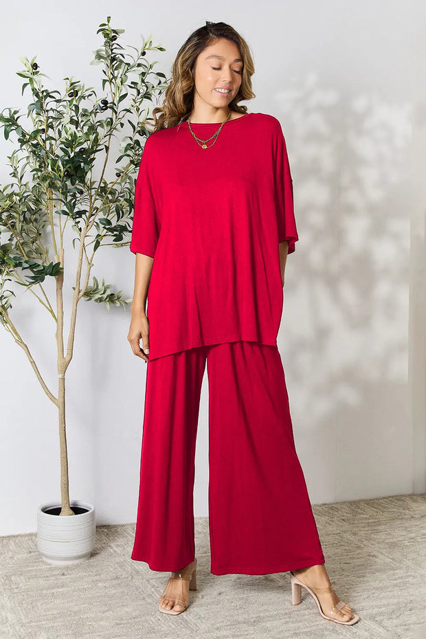 Double Take Full Size Round Neck Slit Top and Pants Set - Fashionmj