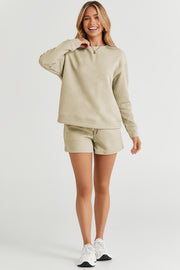 Double Take Full Size Texture Long Sleeve Top and Drawstring Shorts Set - Fashionmj