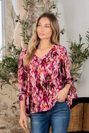 Sew In Love Full Size Printed V-Neck Blouse with Sleeve Knot - Fashionmj