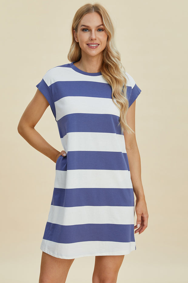 Basic Bae Full Size Striped Round Neck Cap Sleeve Mini Dress - Fashionmj