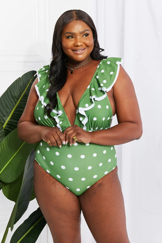 Marina West Swim Moonlit Dip Ruffle Plunge Swimsuit in Mid Green - Fashionmj