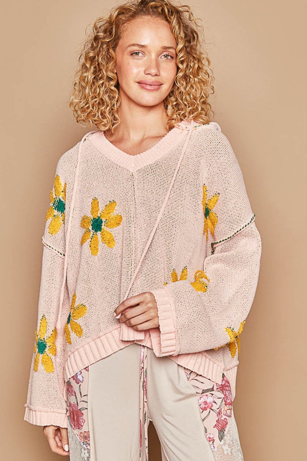 POL Floral Pattern Hooded High-Low Sweater - Fashionmj