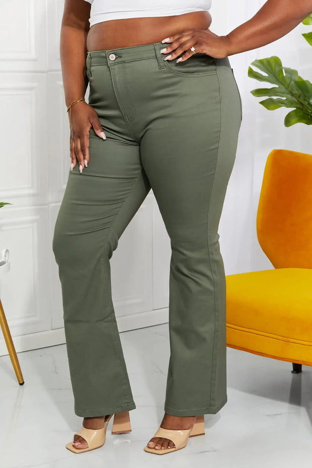 Zenana Clementine Full Size High-Rise Bootcut Jeans in Olive - Fashionmj