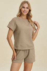 Double Take Full Size Texture Short Sleeve Top and Shorts Set - Fashionmj