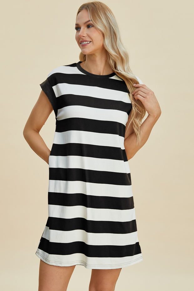 Basic Bae Full Size Striped Round Neck Cap Sleeve Mini Dress - Fashionmj